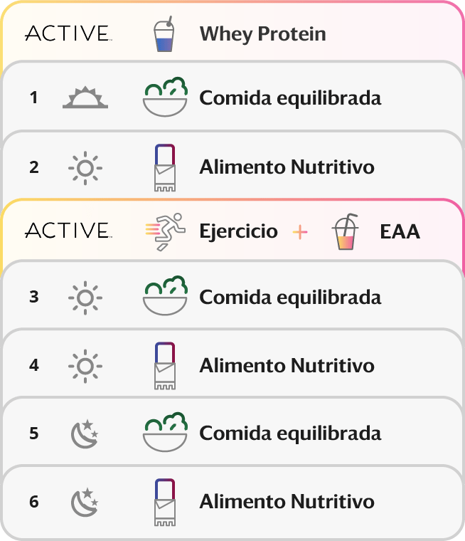 Icons showing the progression of how a typical exercise day would look like while on the 3 & 3 ACTIVE plan. Whey plus Balanced Meal, Fueling, Exercise, EAAs, Balanced Meal, Fueling, Balanced Meal, Fueling.