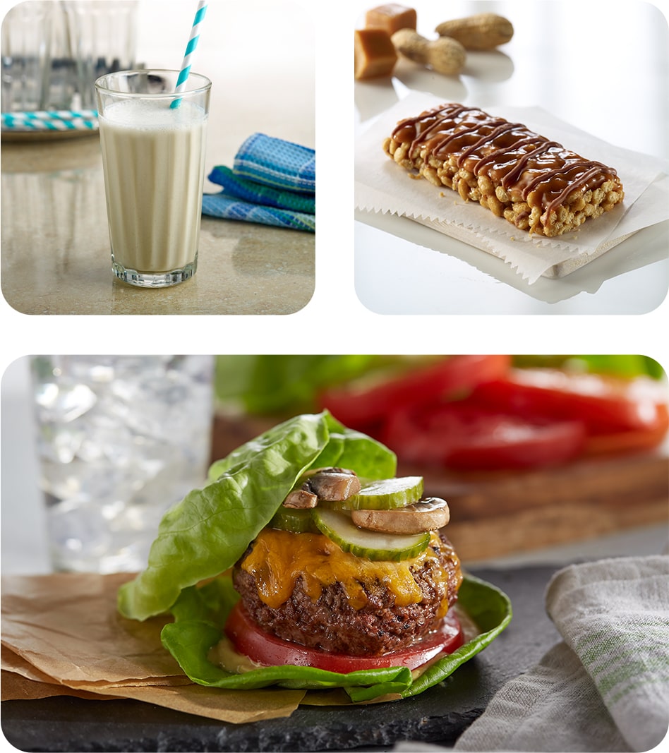 Montage of Optavia Fuelings, including the Essential Creamy Vanilla Shake, the Caramel Delight Crisp Bar, and the Lean and Green meal, Low Carb Burgers.